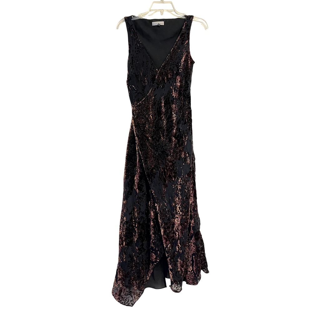 VTG Anne Klein Wrap Midi Dress Black Bronze Burnout Velvet Silk Blend Womens 8